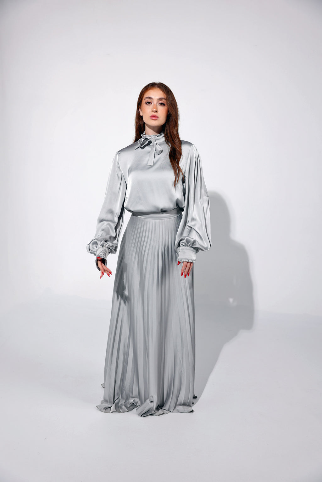 Silver Long Sun-Pleated Skirt
