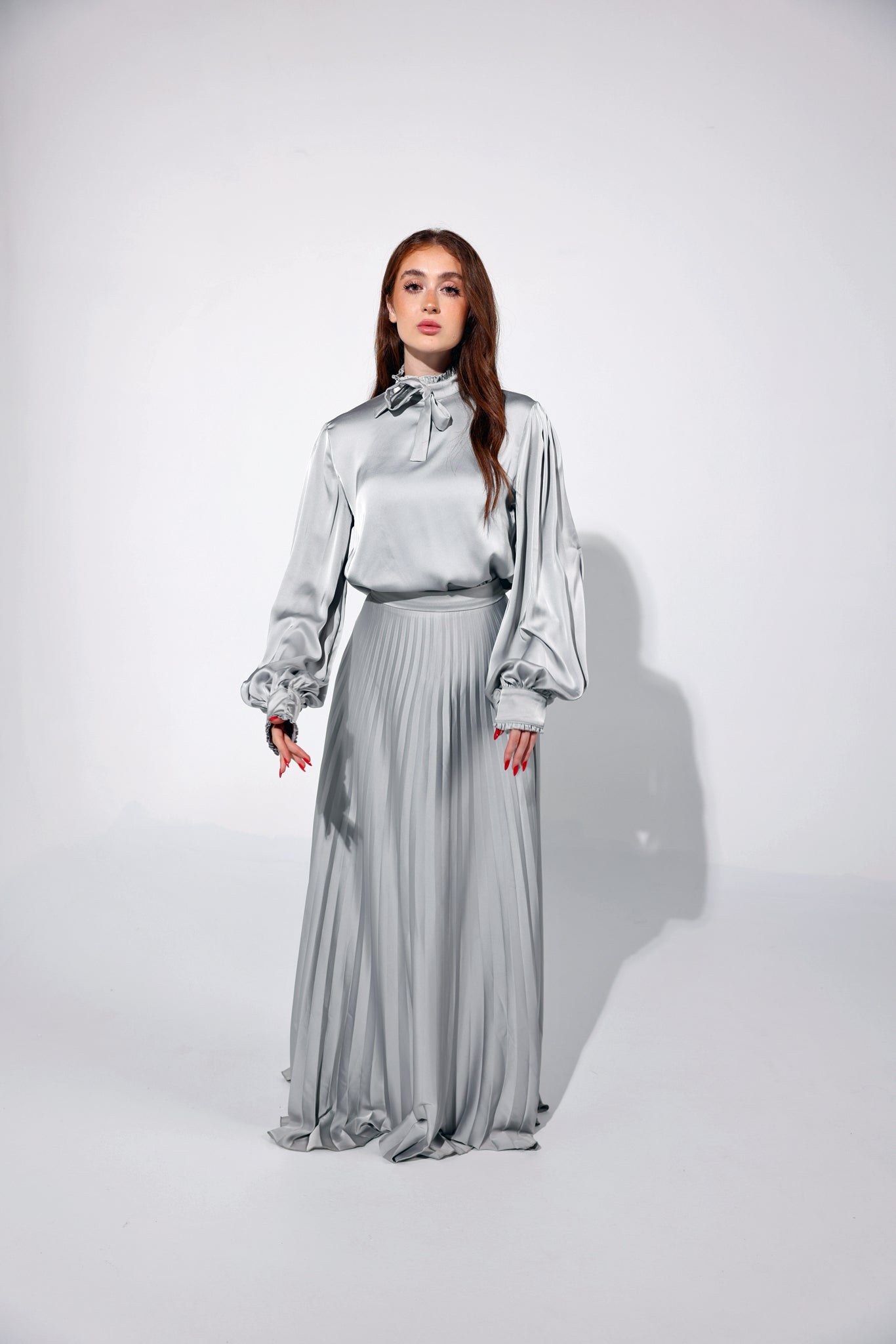 Silver Long Sun-Pleated Skirt