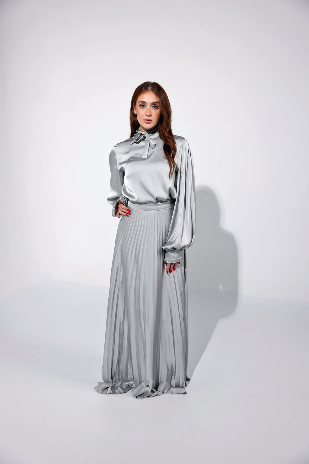 Silver Long Sun-Pleated Skirt