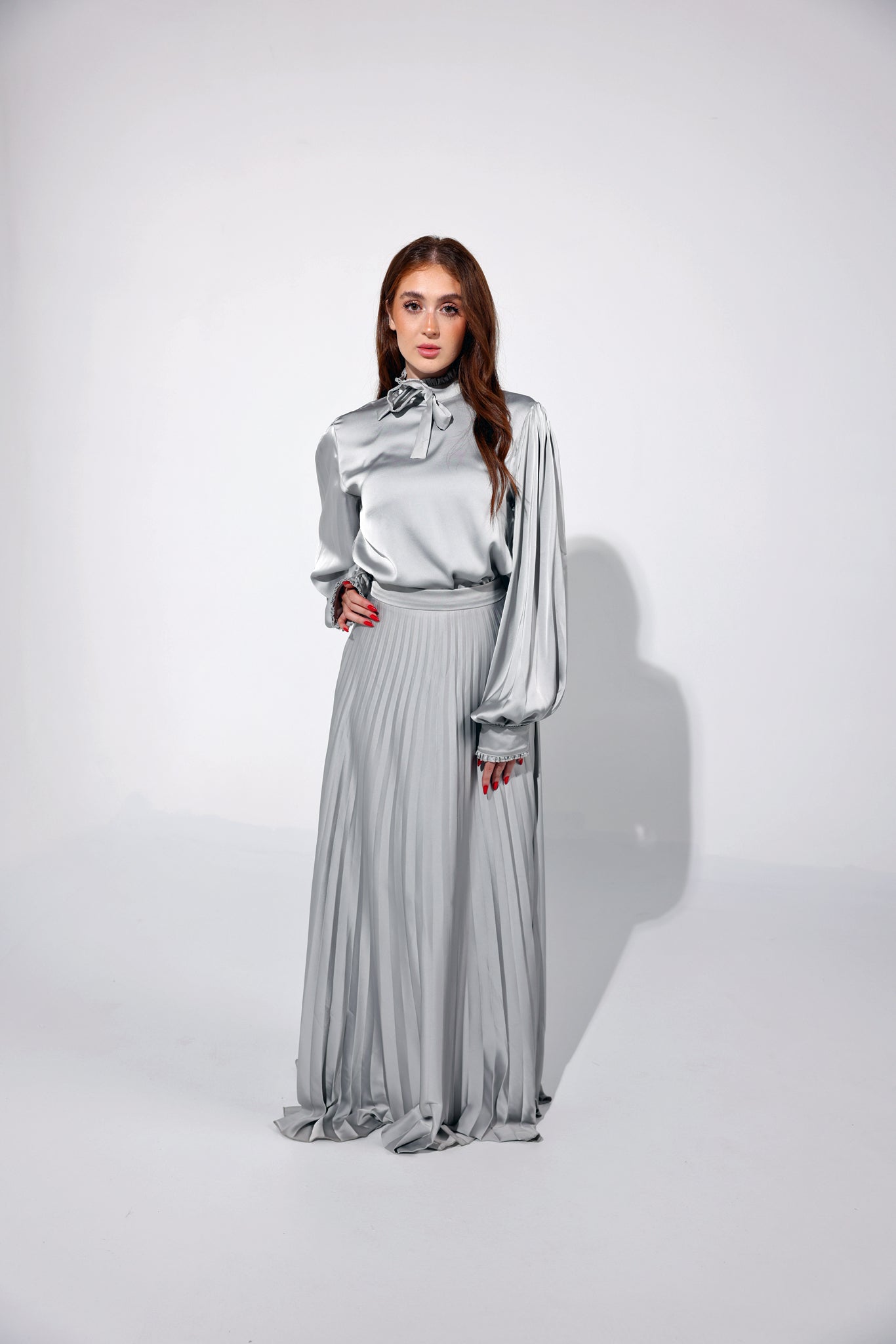Silver Long Sun-Pleated Skirt