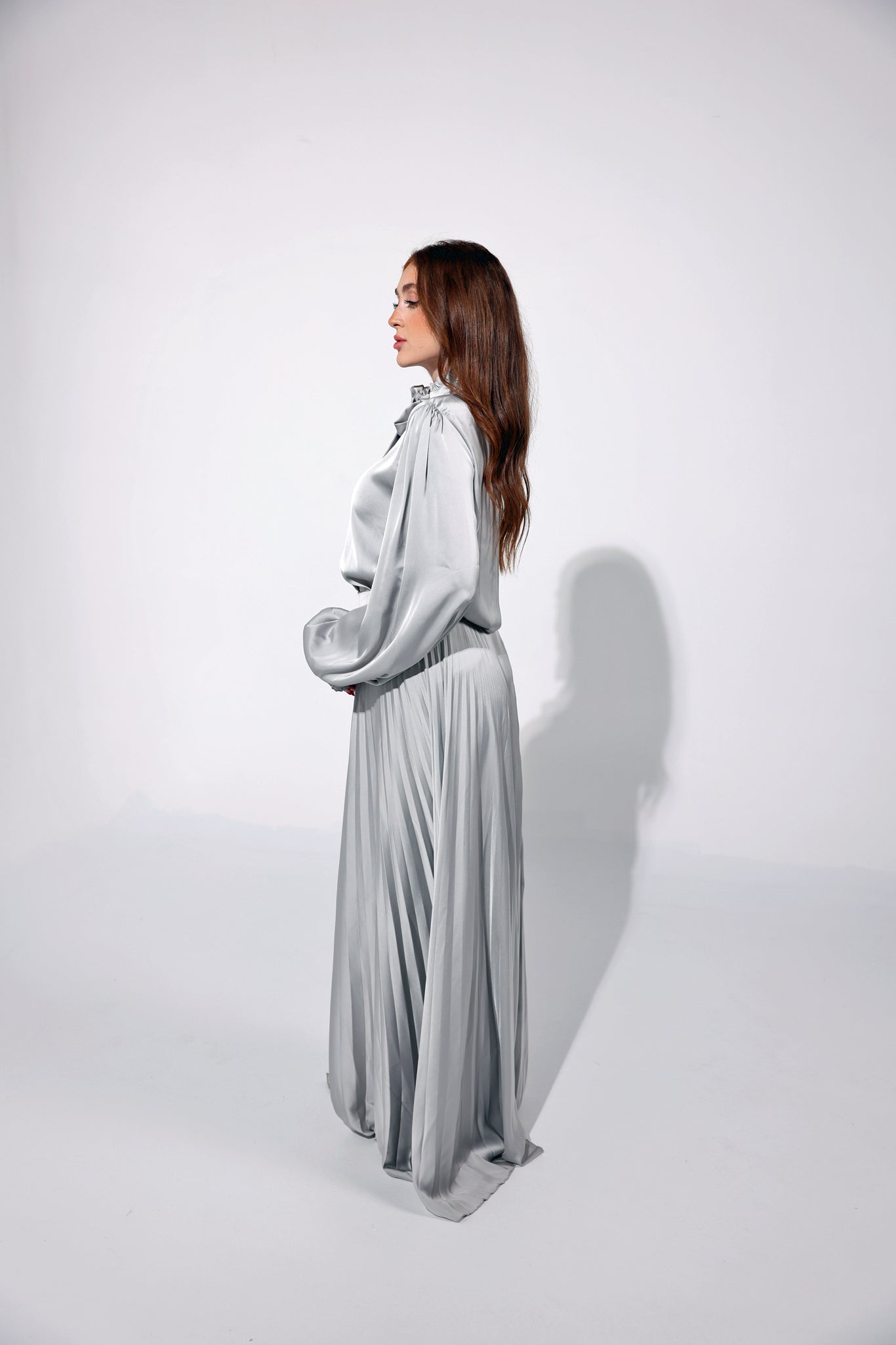 Silver Long Sun-Pleated Skirt