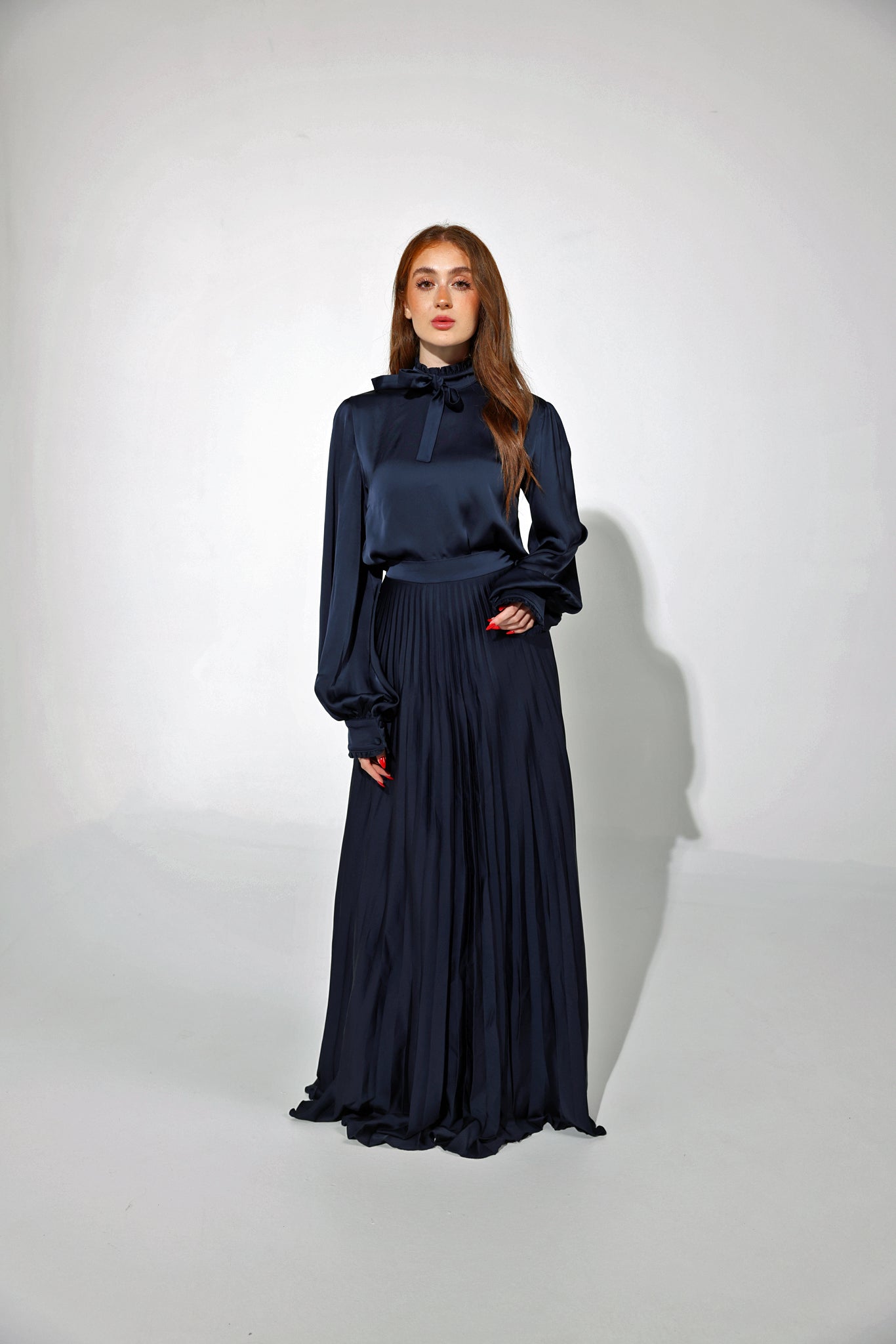 Navy Long Sun-Pleated Skirt