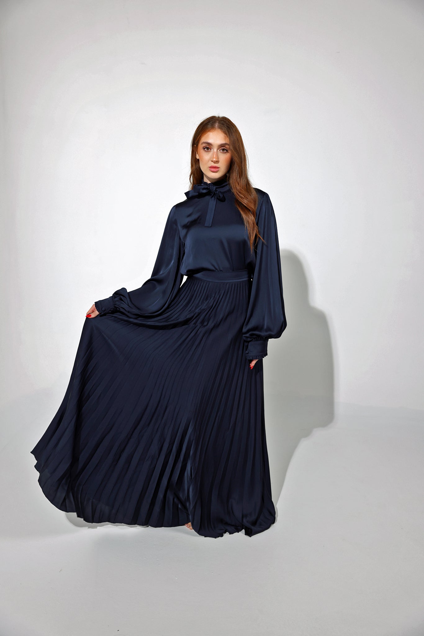 Navy Long Sun-Pleated Skirt