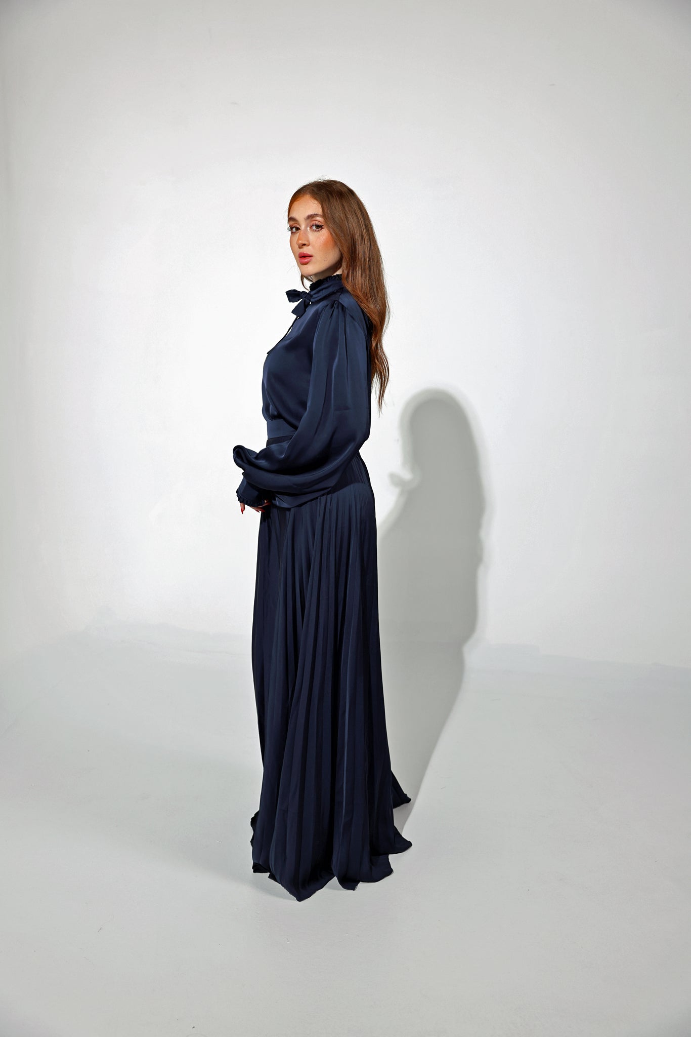 Navy Long Sun-Pleated Skirt