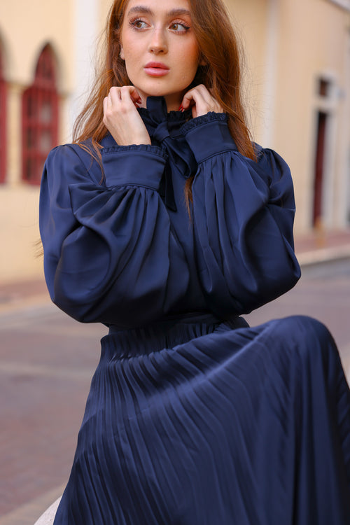 Navy Blouse – Ideal Match for Long Sun-Pleated Skirt
