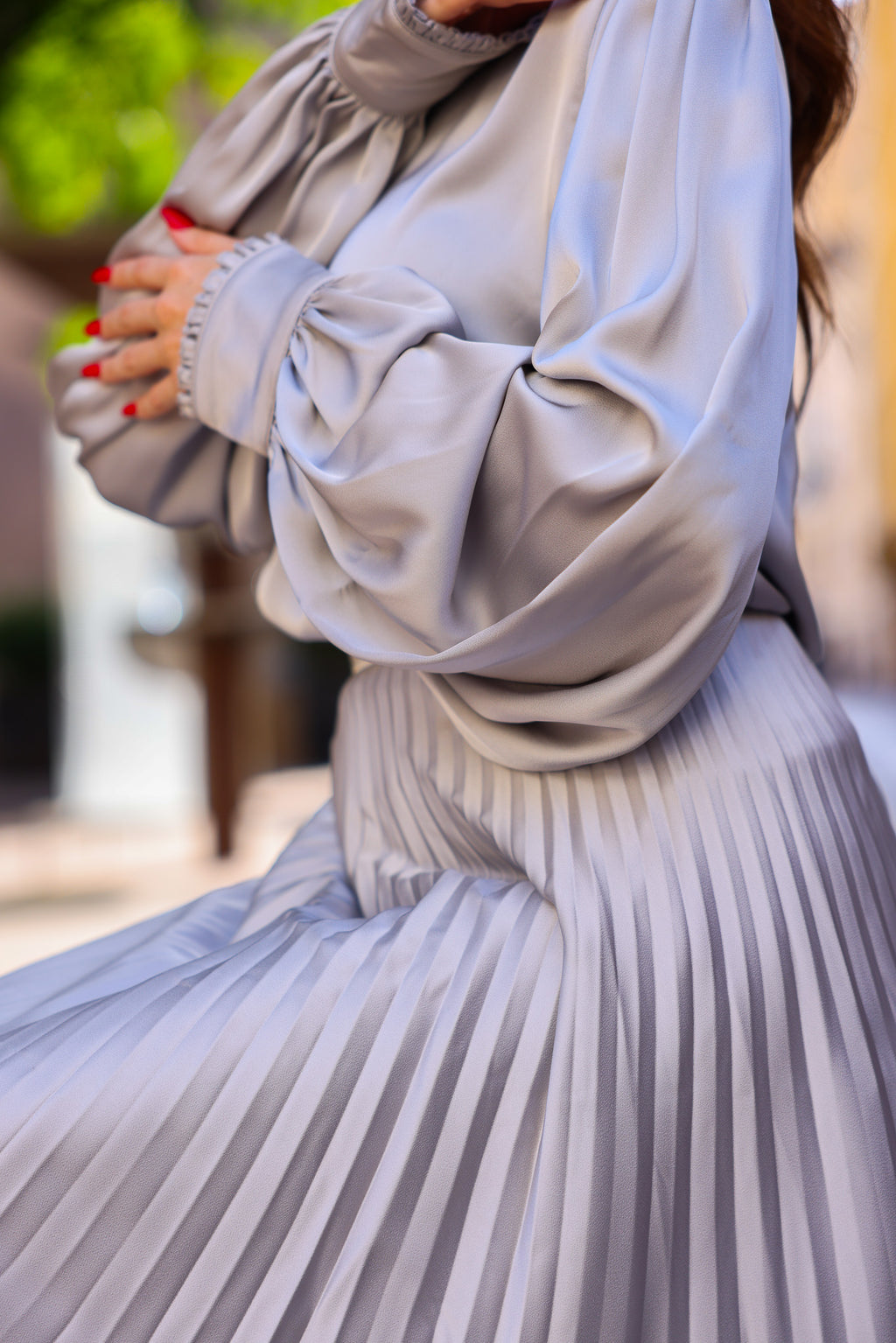Silver Blouse – Perfectly Matches Long Sun-Pleated Skirt
