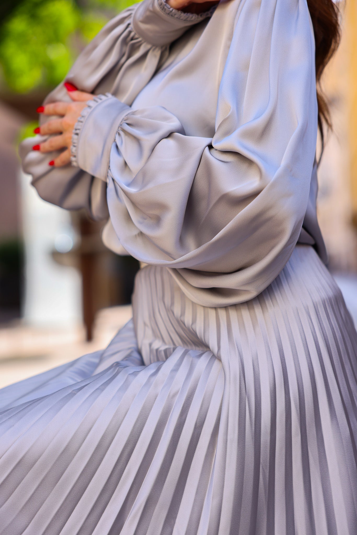 Silver Blouse – Perfectly Matches Long Sun-Pleated Skirt