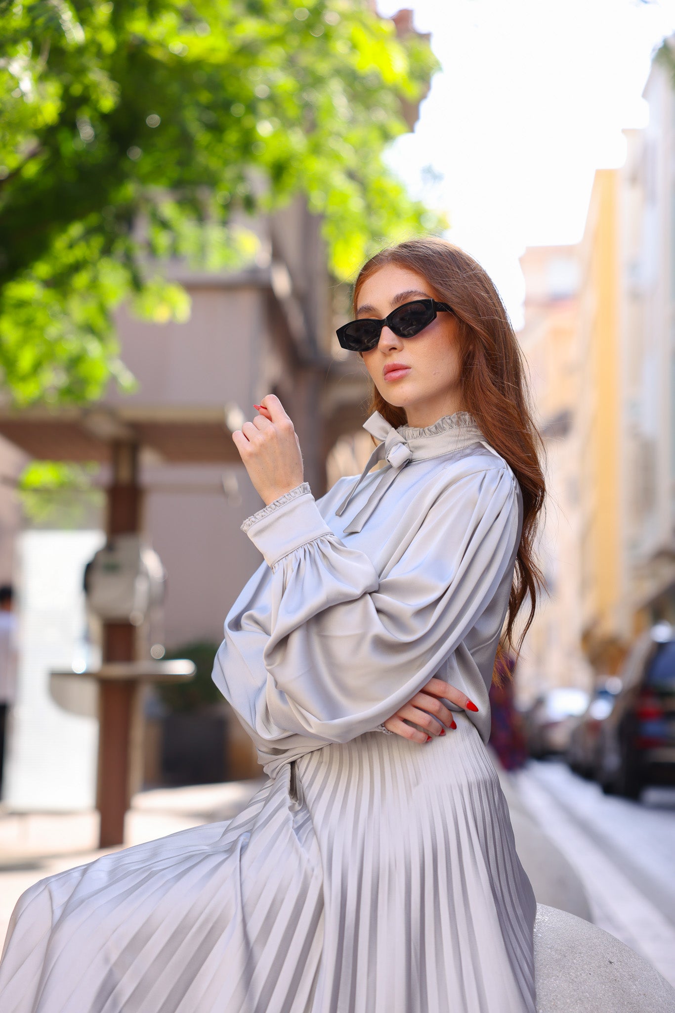 Silver Blouse – Perfectly Matches Long Sun-Pleated Skirt